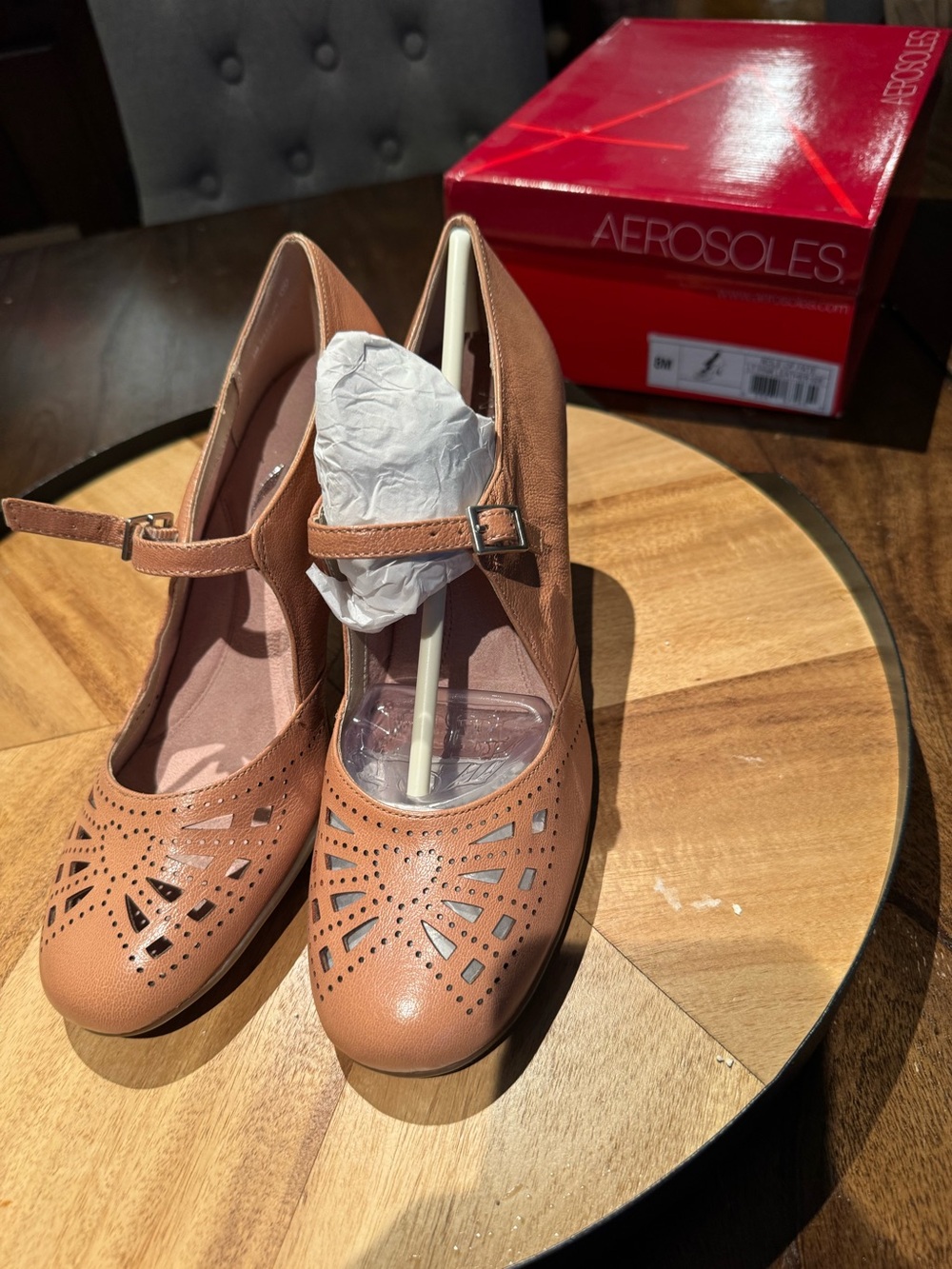 AEROSOLES Women's Tan Mary Jane Heels with Perforated Cutouts